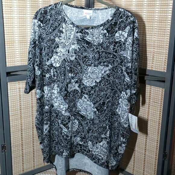 Black and White Paisley & Floral Print LuLaRoe Stretchy Irma Tee - Picture 1 of 3